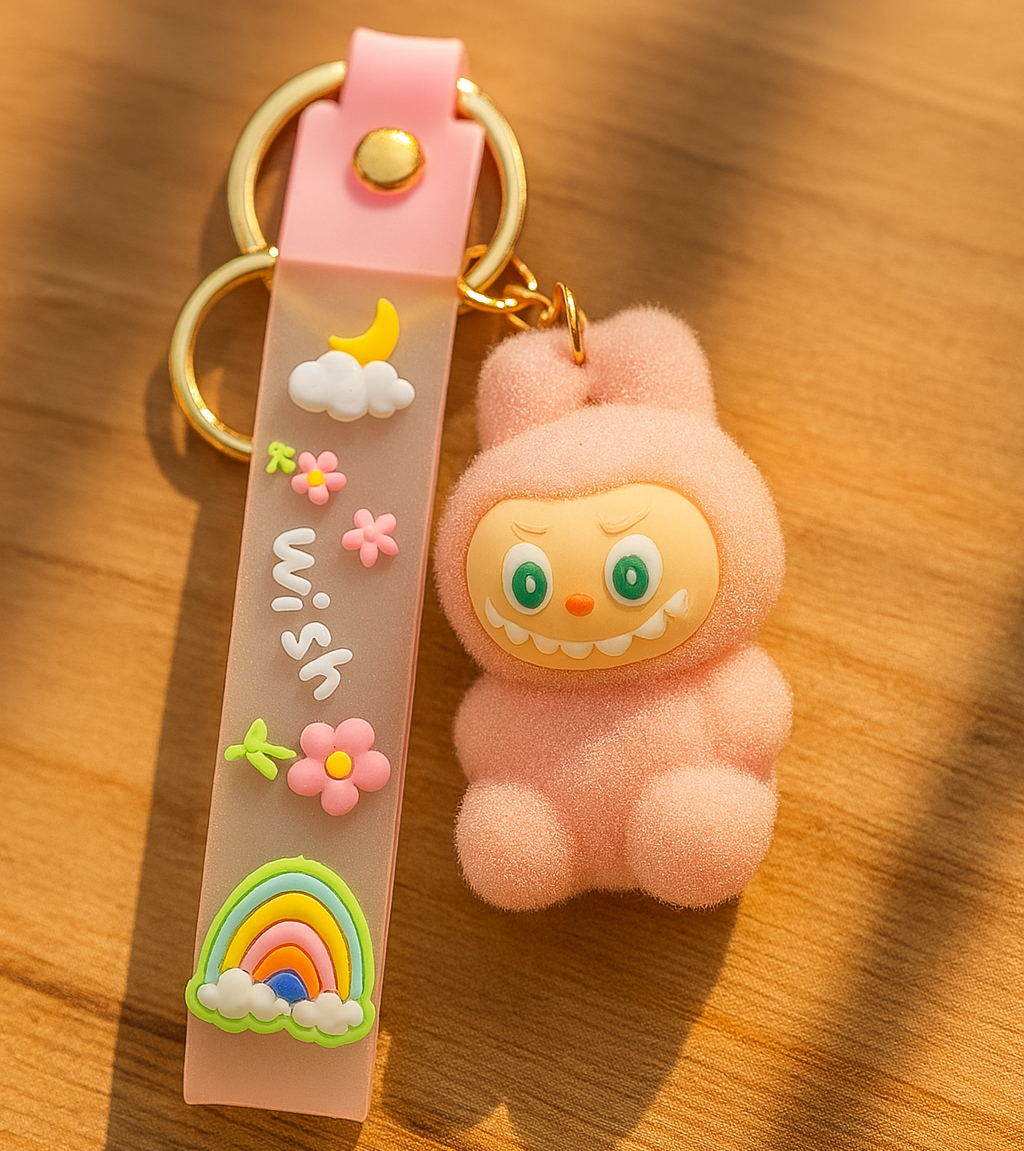 Labubu Wish & Fuzz Rainbow Wrist-Strap Keychain – Adorable Plush Charm with Wrist Loop