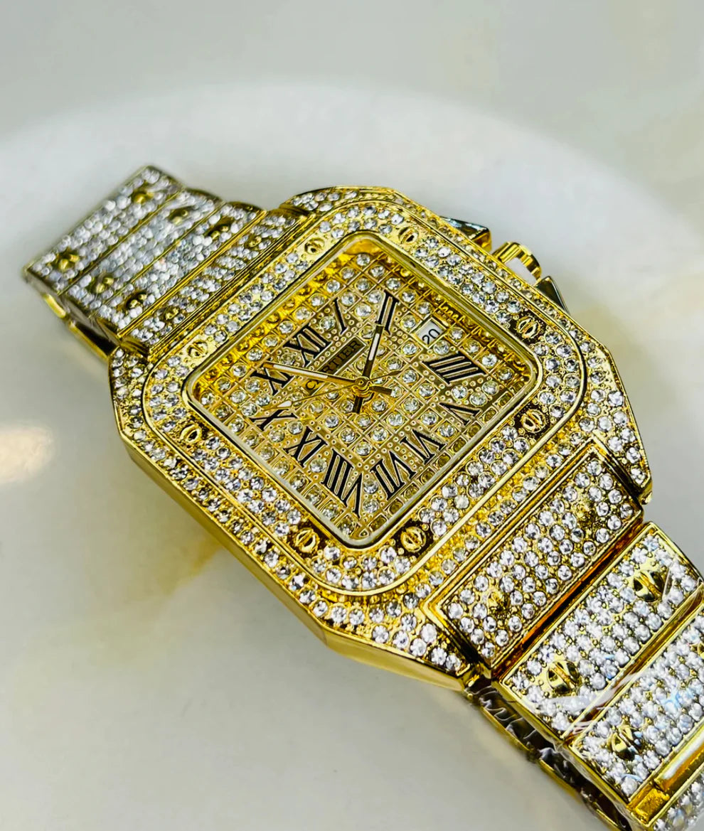 Luxury Gold Plated Roman Numeral Watch Fully Iced Out with Diamonds for Women's
