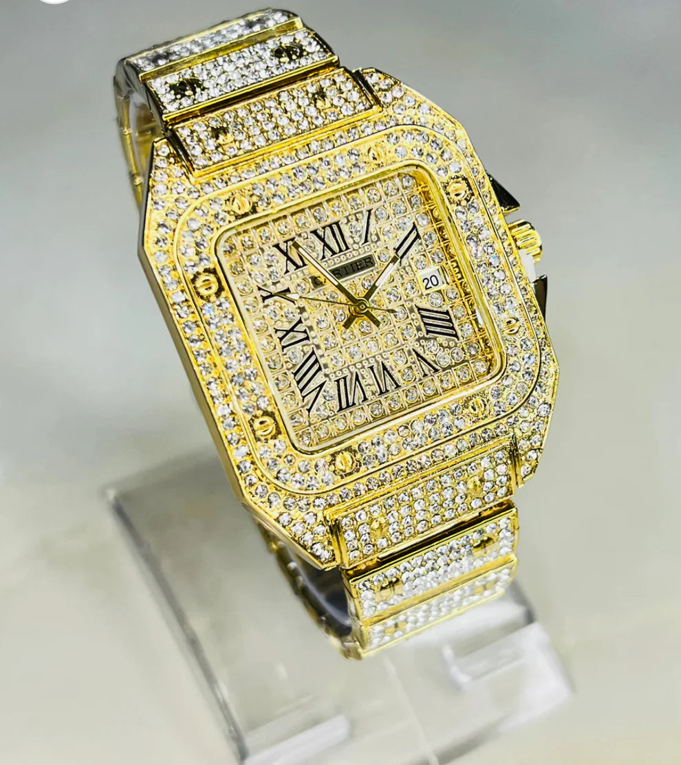 Luxury Gold Plated Roman Numeral Watch Fully Iced Out with Diamonds for Women's