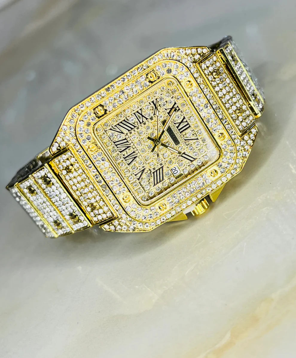 Luxury Gold Plated Roman Numeral Watch Fully Iced Out with Diamonds for Women's
