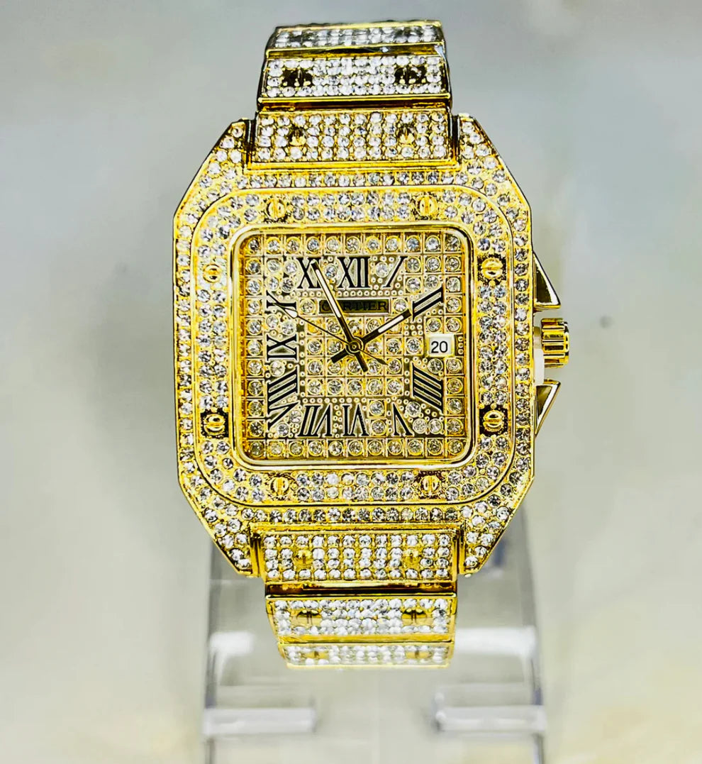 Luxury Gold Plated Roman Numeral Watch Fully Iced Out with Diamonds for Women's