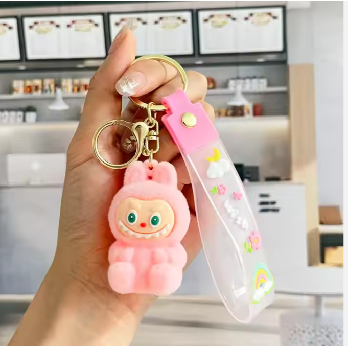 Labubu Wish & Fuzz Rainbow Wrist-Strap Keychain – Adorable Plush Charm with Wrist Loop