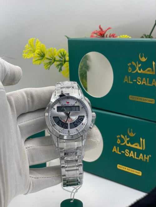Al-Salah Prayer Time Watch – Water Resistant, Analog-Digital Display, Transparent Strap
